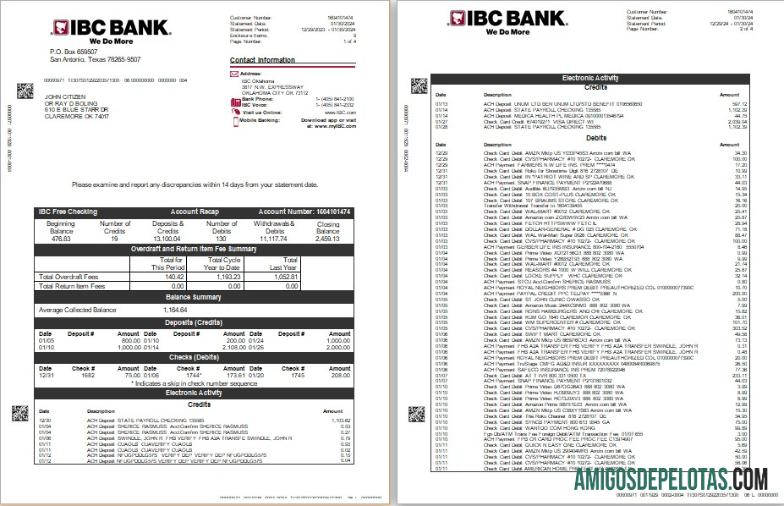 Extrato bancário IBC dos EUA em branco, modelo Word e PDF, 4 páginas